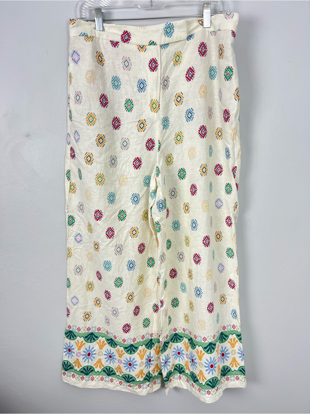 Maison d’Amelie Linen Blend Boho Palazzo Pants with Multicolor Motif